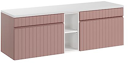 Mueble de Lavabo Doble 140 cm Iconic Rose, Mueble de Lavabo Colgante, encimera Blanco Brillo, Color Rosa Mate (con encimera)