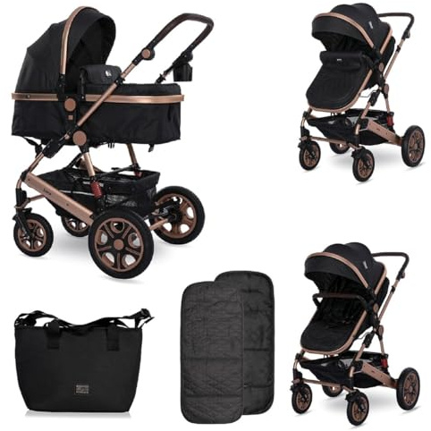 Lorelli Kinderwagen Lora faltbar Gummiräder Tragetasche Sportsitz Fußabdeckung schwarz gold