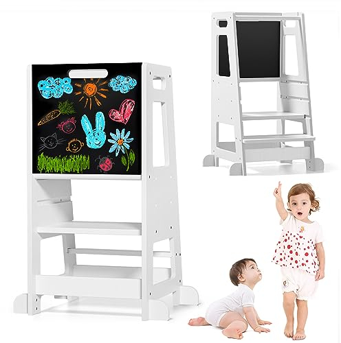 Hlieeosfcn Lernturm für Kinder,Montessori Lernturm für Kinder,Kippschutz Kinderhocker, Maltisch mit Schwarz Tafel, Höhenverstellbar, Montessori Learning Tower für Küche Tisch Bad