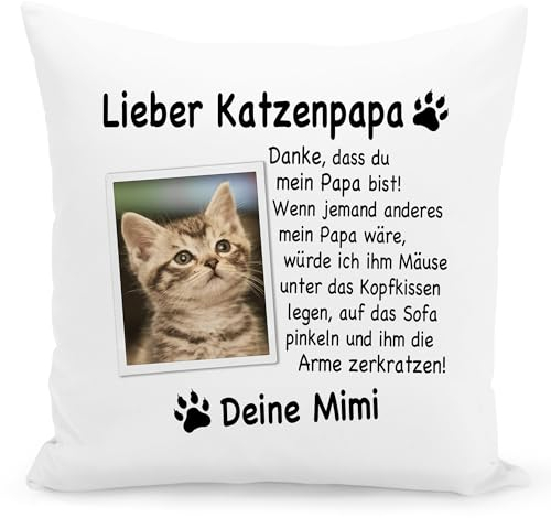 Katzenpapa Kissen mit Katzenmotiv personalisiert Katzen Papa Katzengeschenk Kuschelkissen Katzenliebhaber Geschenk Sofakissen Zierkissen Dekokissen 40x40 cm inkl. Füllung und Bezug (Katzenpapa)