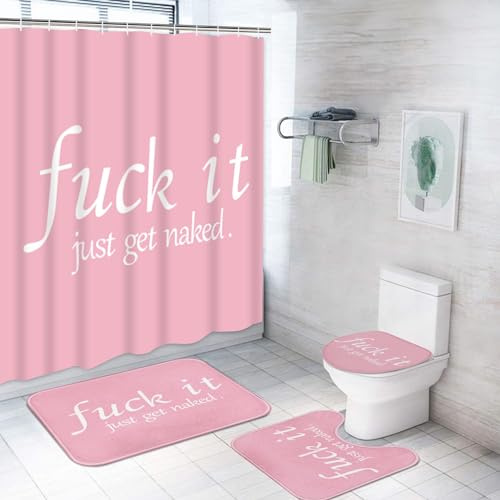 ArtSocket 4PC Pink Funny Get Naked Shower Curtain Sets Bathroom Decor with Rugs, Non-Slip Rug,Toilet Lid Cover, Bath Mat and 12 Hooks 72x72 inches