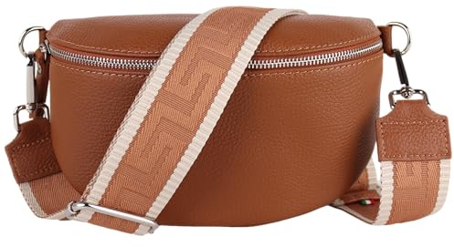 MIRROSI® Bauchtasche Damen, Echtleder, Made in Italy, Umhängetasche, Brusttasche, Crossbody Bag (1 Tasche & 2 Gurte) (Braun (Uni Braun Beige), Kleine Tasche (22x13x6cm))