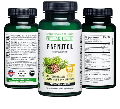 Siberian Green Pine Nut Oil Capsules 200 Softgels Wild Harvested Siberia Altai Cold Pressed Unrefined