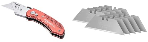 Amazon Basics - Cutter fonctionnel pliable - Corps léger en aluminium & Stanley 2-11-700 - Distributeur de 10 Lames Trapèze Gamme Fatmax - Lames Plus Tranchantes