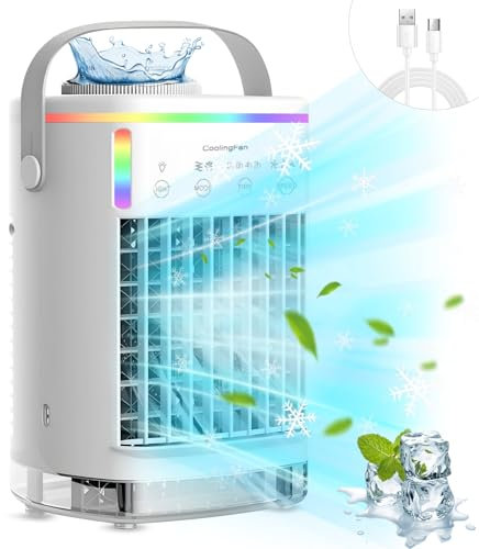 Portable Air Conditioner, Air Cooler Mini Air Conditioner, Small Air Conditoner Cooler Fan with 4 Speeds & Cool Mist, 2-8H Timer, 7 LED Lights for Personal Use Air Cooler for Bedroom Home Office Beige