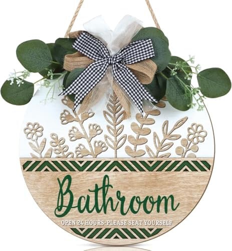 TOARTi Funny Bathroom Sign,11.5x11.5inch Bathroom Open 24 Hours Please Seat Yourself Decor,3D Rustic Farmhouse Toilet Wooden Hanging Plaque Botanical Bathroom Door Wreath for Home Porch