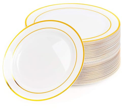 KOOSREEL 25 Pack Plastic Dessert Plates with Gold Rim,19cm/7.5inch Reusable Soup & Dessert Small Side Plates for Weddings, Birthdays, BBQ, Buffets, Catering, Parties