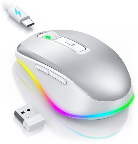 Seenda Kabellose LED Maus Wiederaufladbar mit Jiggler, Leise 2.4G USB Funkmaus für Laptop, Computer Beleuchtet DPI 2000 für PC, Windows, MAC OS (Weiß&Silber)