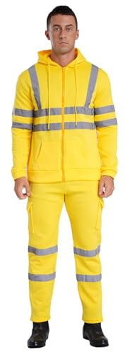 inhzoy Herren Warnschutz Hoodie Jacke Hose Set Mit Fleece Und Reflexstreifen Arbeitsanzug 2 Teilig Sport Outdoor Fahrrad Outfit Gelb L