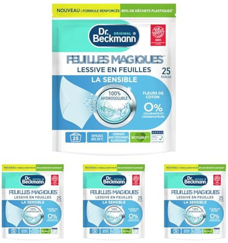 Dr. Beckmann 25 FEUILLES MAGIQUES Lessive en feuilles LA SENSIBLE Hypoallergénique | Format pré-dosé, pratique et léger | 100% hydrosoluble, facile à utiliser et ranger (Lot de 4)