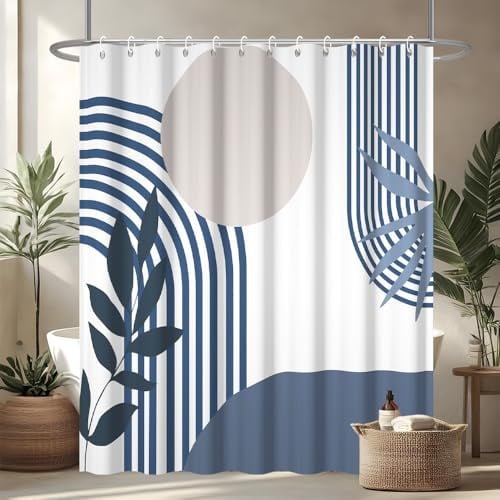 Uiiooazy Rideau Douche Bleu, Rideau de Douche Anti Moisissure 180x200cm Gris Boheme Feuilles Bleu Marine Abstrait Rideaux de Baignoire Imperméable Tissu Lavable Rideaux Salle de Bain avec 12 Crochets