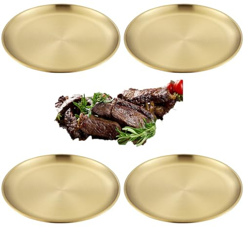 ORFCP 4 piatti rotondi in acciaio inox, da campeggio, 20 cm, per barbecue, colore oro