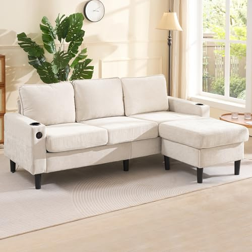 Sofá tapizado con puertos USB y tipo C, sofá de 3 plazas con dos portavasos para salón, apartamento, dormitorio, sofá cama en forma de L, lino (beige)