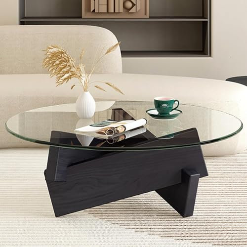 DazzlingZLL Couchtisch Rund Wohnzimmertisch, Coffee Table Beistelltisch Glastisch mit Tischbeine Holz, Moderne Sofatisch für Wohnzimmer, Home Office, Einfache Montagem, 80 x 80 x 40 cm, Schwarz