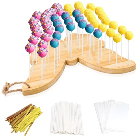 Bambus-Cake-Pop-Ständer, Cake-Pop-Halter, 47 Löcher, Cakepop-Ständer für Desserttisch, Lutscher-Halter, Cake-Pop-Set enthält 90 Cake-Pop-Sticks und Wrapper, Cake-Pop-Zubehör (Schmetterling-Form)