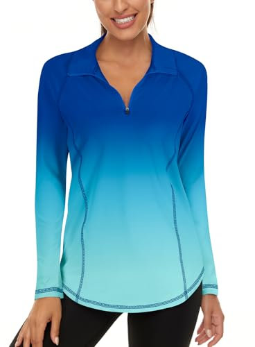 Akiooue Womens Long Sleeve UPF 50+ Running Tops 1/4 Zip Gym Sports Workout Cycling Golf Shirts Blue Green