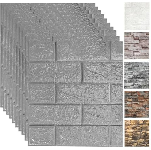 Trafagala 10Pack Grey Brick Wallpaper Wall Panels 35X38cm Brick Effect Wallpaper Foam DIY Wall Adornment Waterproof Self Adhesive Thicken Wall Stickers for Kitchen Kids Room Living Room