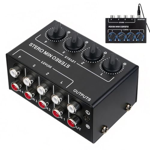 Audio Mixer Stereo Passiver Mischer, 4 Kanal Stereo Audiomischer mit unabhängigen Lautstärkereglern, Kompakter DJ Mischer für Studio, Clubs, Bars, Mischinstrumente und PC