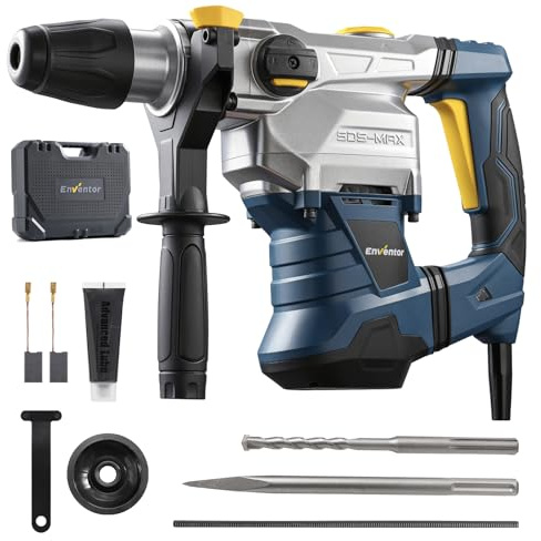 Enventor SDS-MAX Drill, 1500W 40MM 12J Heavy Duty Rotary Hammer Drill | Demolition Hammer, 3 Functions, Vibration Control and Safety Clutch, 360° Rotating Handle, for Concrete/Masonry/Brick/Stone