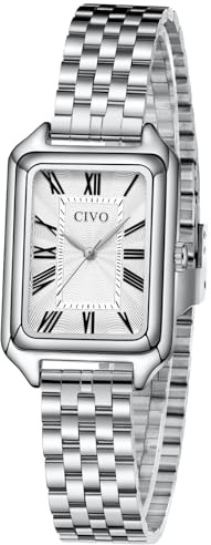 CIVO Vintage Armbanduhr Damen Römische: Rechteckig Gehäuse Silber Edelstahl