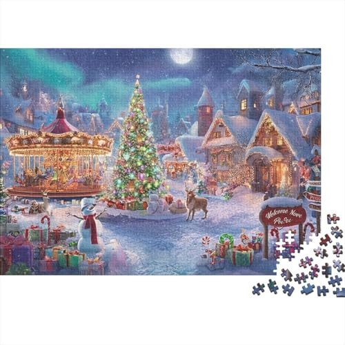 Snowy Xmas Eve Town Jigsaw Puzzle Magical Winter Night Puzzle 1000 Piece Recycled Paper Adults Educational Home Activity Impossible Difficult Game Birthday Gift 70x50cm/1000pcs
