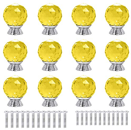 ANJUU 12 Pcs 30mm Round Shape Crystal Glass Cabinet Knobs with Screws Drawer Knob Pull Handle Used for Kitchen, Dresser, Door, Cupboard(Yellow)