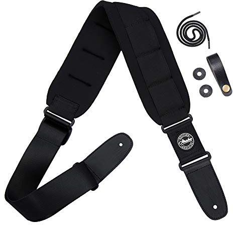 AMUMU Gitarrengurt, Guitar Strap mit SBR Memory Foam (Gummi), 3.6 Breiter Gitarren-Gurt mit echten Lederenden für E-Gitarre, Westerngitarre, Akustikgitarre & Bass, Gurt für Erwachsene Kinder schwarz