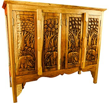 Kinaree Massivholz Sideboard Chang II – Kommode aus Akazienholz mit handgeschnitzten Elefanten Motiven – Asiatisches Holz Sideboard für Wohnzimmer Flur (Natur)