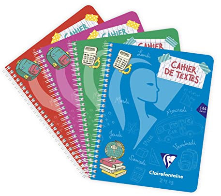 Clairefontaine 308756C - Hausaufgabenheft Mimesys mit Doppelspiralbindung, 17x22 cm, 72 Blatt 90g, französische Lineatur, Einband aus PP, farbig sortiert, 1 Stück
