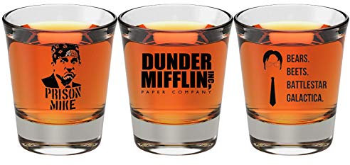 The Office Merchandise Schnapsglas-Geschenk-Set - Prison Mike, Dunder Mifflin & Bears Beets Battlestar Galactica - Das Bürogeschenk für Männer und Frauen