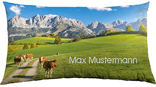 Manutextur Kissen mit Namen - Motiv Berg - viele Motive - Kissenhülle inklusive Füllung - Größe 30x50 cm - personalisiert - persönliches Geschenk mit Wunsch-Motiv und Wunsch-Name