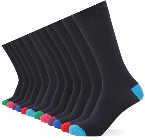 FM London Mens (12-pack) Men’s Smart Breathable Socks, Navy/Colour Heel & Toe, 6-11 UK