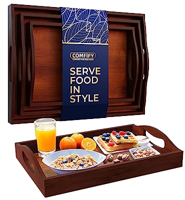 Bamboo Serving Trays with Handle – Set of 3 Wooden Trays That Nest – Large, Medium and Small Tray for Food, Ottoman Décor & More – 100% Eco-Friendly Bamboo Trays for Breakfast - Brown