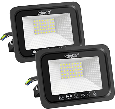 EXTRASTAR 30W LED Strahler Außen 2 Stücke,2400LM 6500K Kaltweiß Superhell Außenstrahler, IP65 Wasserdicht LED Fluter, Außenlampe für Garten, Innenhöfe, Garage, Hotel, Sportplatz