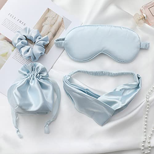 IYOU Schlafmasken Set aus Seide mit Haarbändern und Haargummis Maulbeerseide Blau Augenschutz Flecken Seide Reisen Nickerchen Verdunkelung Schlafmaske für Frauen und Mädchen
