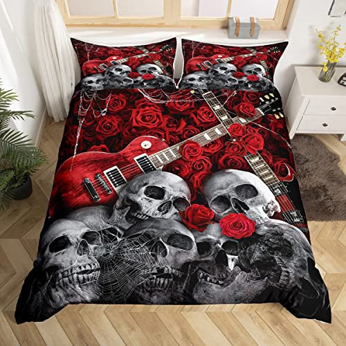 Rose Skull Bedding Set Double Red Guitar Comforter Cover For Boys Teens Men Kids,Vintage Gothic Music Duvet Cover Retro Grey Sugar Skull Spider Web Bedspread Cover With 2 Pillow Cases Bedroom Decor