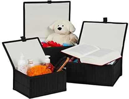 Relaxdays 6 x Aufbewahrungskorb, Deckel & Stoffeinsatz, Bambuskorb, dekorative Aufbewahrungsbox, 3 Größen, Regalkorb, schwarz