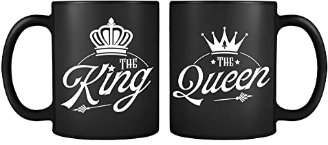 Couples Theme Coffee Mug Set The King The Queen Valentines Day, Birthday, Wedding, Anniversary, Him-Her Novelty Mug, Unique Ceramic Black Satin Cup/Mug.