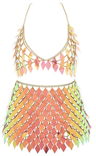 IYOU Pailletten Quaste Körperkette Outfits BH-Rock Blau Bikini Rave Festival Party Strand Mode Clubkleidung Zubehör zum Frau(Gold)