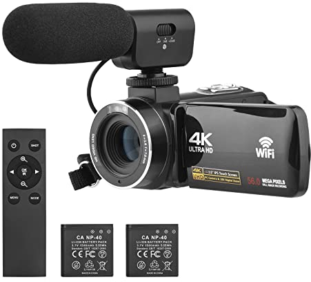 Andoer Caméscope vidéo 4K, 56 MP WiFi IR vision nocturne Vlogging, zoom numérique 18X, écran tactile IPS 3, caméscope anti-shake avec 2 piles, télécommande, sac de transport et microphone externe
