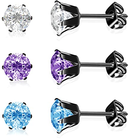 Artskin 3 Paar Ohrstecker aus Titan medizinischem Stahl und AAAA+ Cubic Zirkonia für Damen hypoallergen Geschenk für Mädchen (6mm, Schwarz)