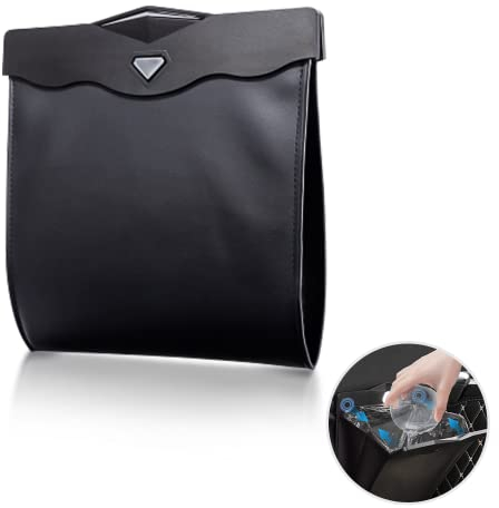 mizikuu Suspendre Poubelle Voiture Interieur, Poubelle de Voiture avec Lumières LED Ouverture Magnétique Cuir PU Imperméable Boîte de Rangement de Voiture Suspendue Sac de Coffre Pliable Noir