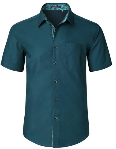 HISDERN Men's Short Sleeve Teal Shirt Regular Fit Formal Casual Button Down Business Shirt with Chest Pocket,L