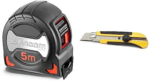 Facom Mètre à Ruban 5 M X 28 mm - Mesure Premium - 897A.528Pb & Stanley 0-10-425 Cutter 25 mm Bi-matière Dynagrip - Blocage de La Lame - Chariot Porte-lame - Lame en Acier Anticorrosion - Blocage