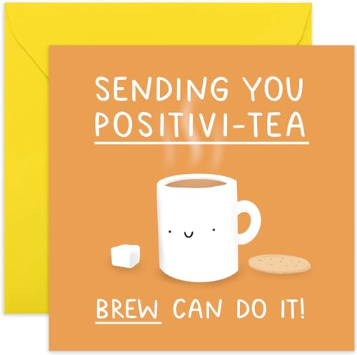 Old English Co. Cute Good Luck Card for Women and Men - 'Positivi-tea' Tea Food Pun Encouragement Card for Friends and Family - Funny New Job, Promotion, Exam Results Card | Blank Inside