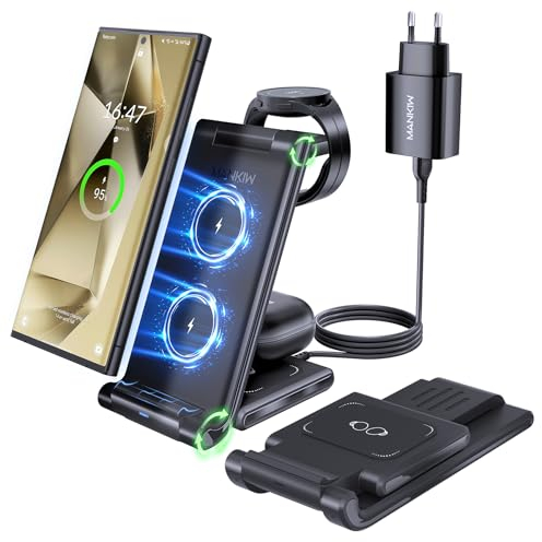 MANKIW Kabelloses Ladestation für Samsung, Faltbare Kabelloses Ladegerät 3 in 1 Kompatibel für Samsung S25/S24/S23/S22/S21/S20, Z Fold 6/5/4/3,Watch 7/6/5/4/3/Active, Buds+/2/Pro/Live