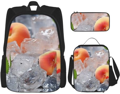 OUSIKA Peach Ice Cubes 3 Pcs Print Backpack Sets Casual Daypack with Lunch Box Pencil Case for Women Men, Black, One Size