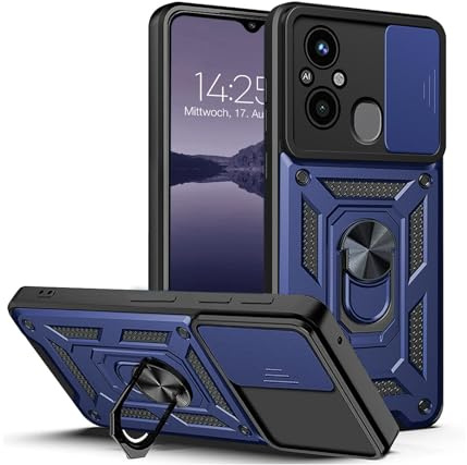 LBH Armor Hülle für Xiaomi Redmi 12C Case mit Kameraschutz Outdoor Stoßfest Handyhülle 360 Grad Metal Ring Halter Ständer Schutzhülle für Handyhalterung Auto Magnet Blau