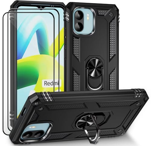 CLYDITE Hülle für Xiaomi Redmi A1/Redmi A2 Schwarz handyHülle mit Schutzglas Panzerfolie (2er) 360 Grad RingHalter Ständer Armor Silikon Schutzhülle Cover Case