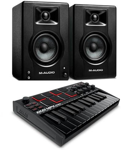Recording Studio Package - Akai Professional MPK Mini MK3 USB MIDI Keyboard Controller and M-Audio BX3 3.5 120W Speakers, with Production Software, black